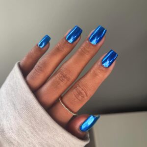 Royal Blue Chrome Square Press on Nails Short Medium,SXVME Metallic Fake Nails Acrylic Nails Press ons,Mirror Metal Chrome Nails Glue on Nails Medium,Short Coffin Nails False Nails in 24 PCS