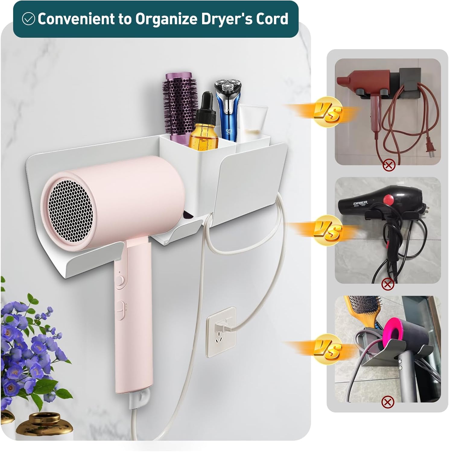 White Wall Mount Hair Dryer Holder Organizer for Bathroom Hair Tools Accessory Hanger - Image 4