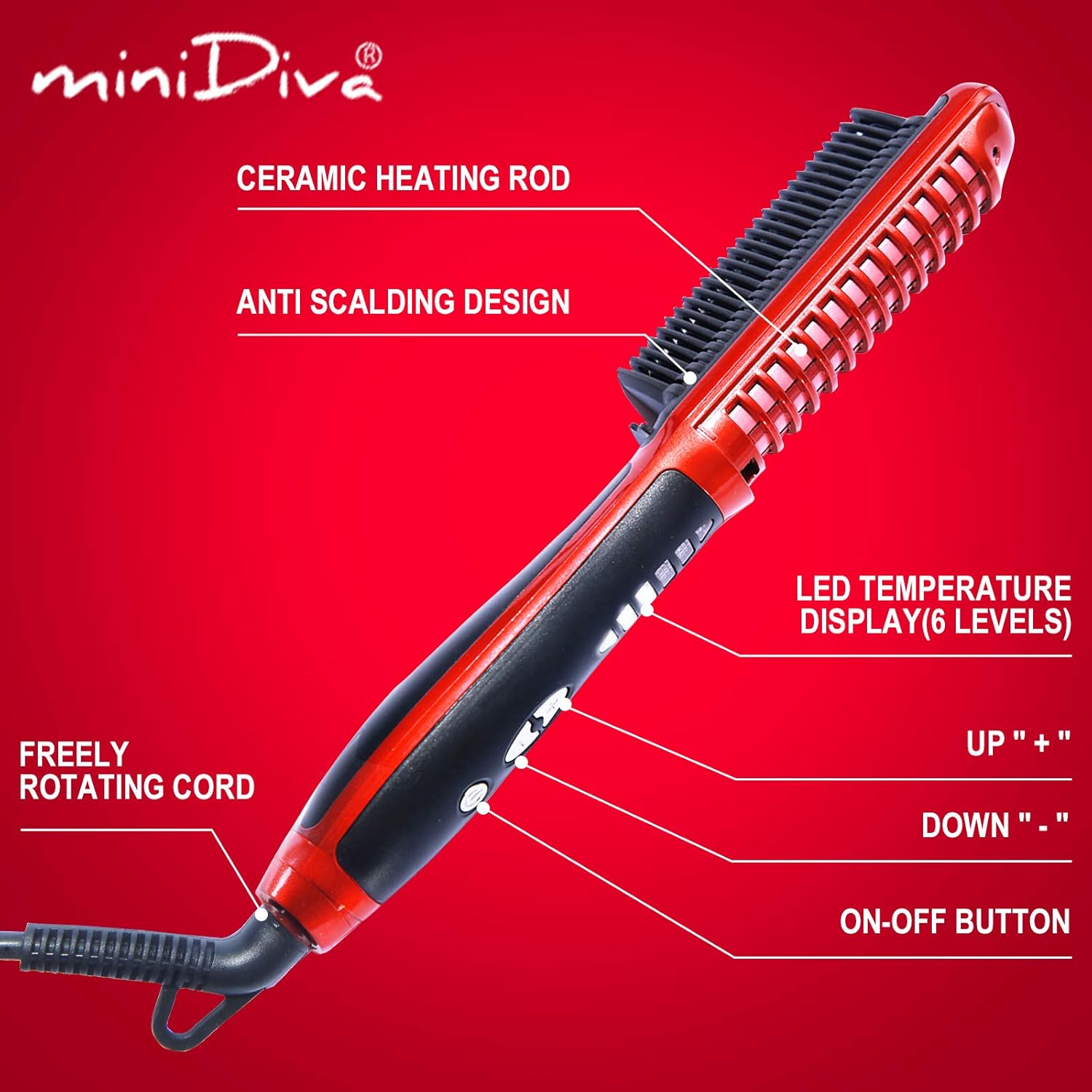 Minidiva 2-in-1 Red Hair Curler and Straightener, 6 Heat Levels, Anti-Scald Design - Image 2