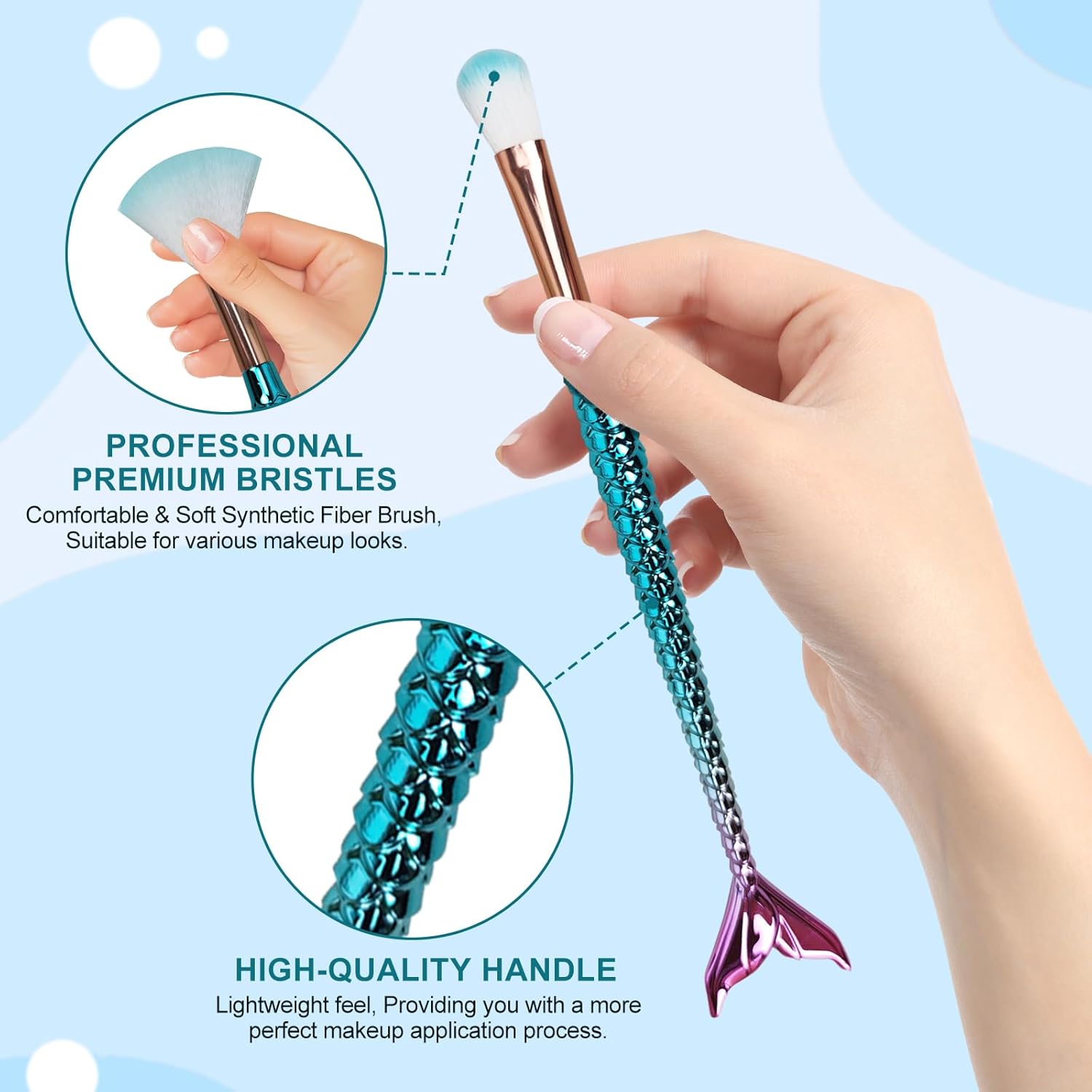 12 Piece Mermaid Makeup Brush Set with Hair Clip for Kids Girls - Image 7