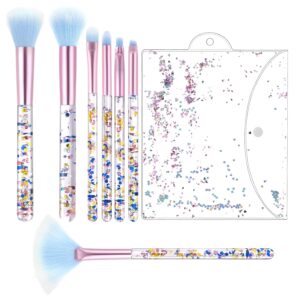 7 Pcs Makeup Brushes for Women, Cute Pink Makeup Brushes Crystal Sparkles Fan Blush Foundation Powder Lip Highlight Eye Shadow Eyebrow Brush Set With Sequins Handle Professional for Girl(Blue)