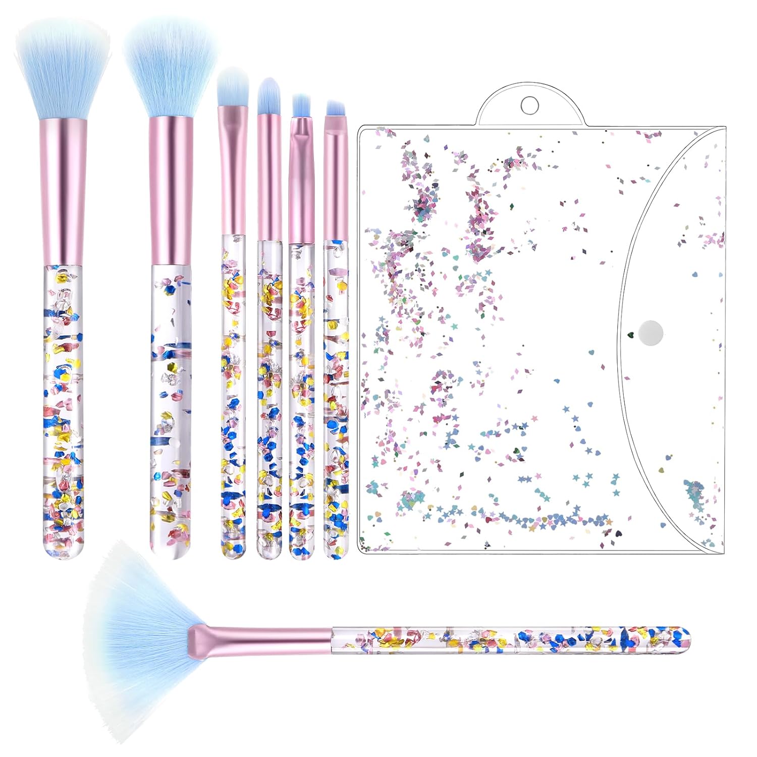 7 Pcs Makeup Brushes for Women, Cute Pink Makeup Brushes Crystal Sparkles Fan Blush Foundation Powder Lip Highlight Eye Shadow Eyebrow Brush Set With Sequins Handle Professional for Girl(Blue)