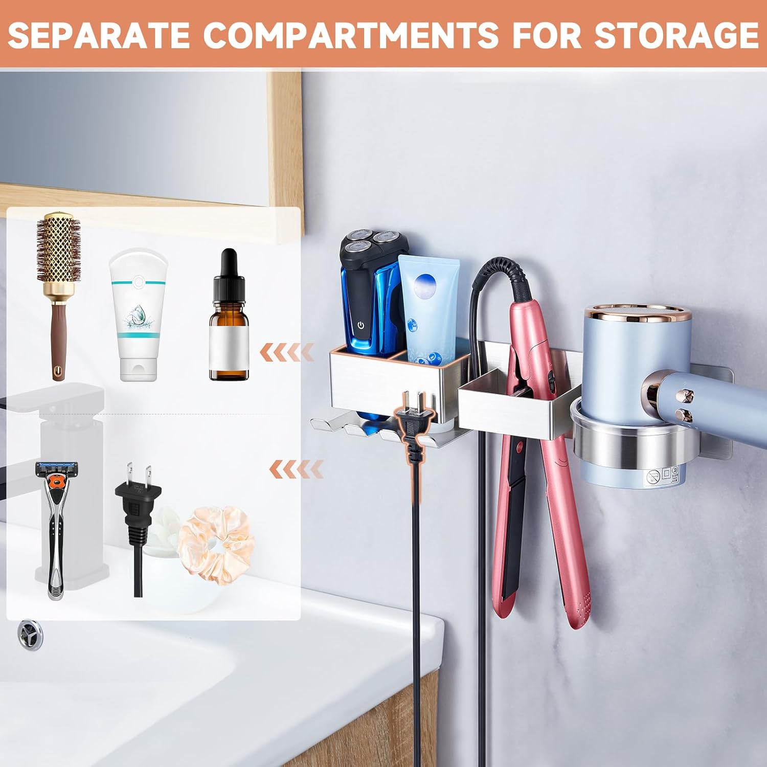 Stainless Steel Wall Mount Hair Tool Organizer for Dryer, Curling Iron, Straightener, Black - Image 7