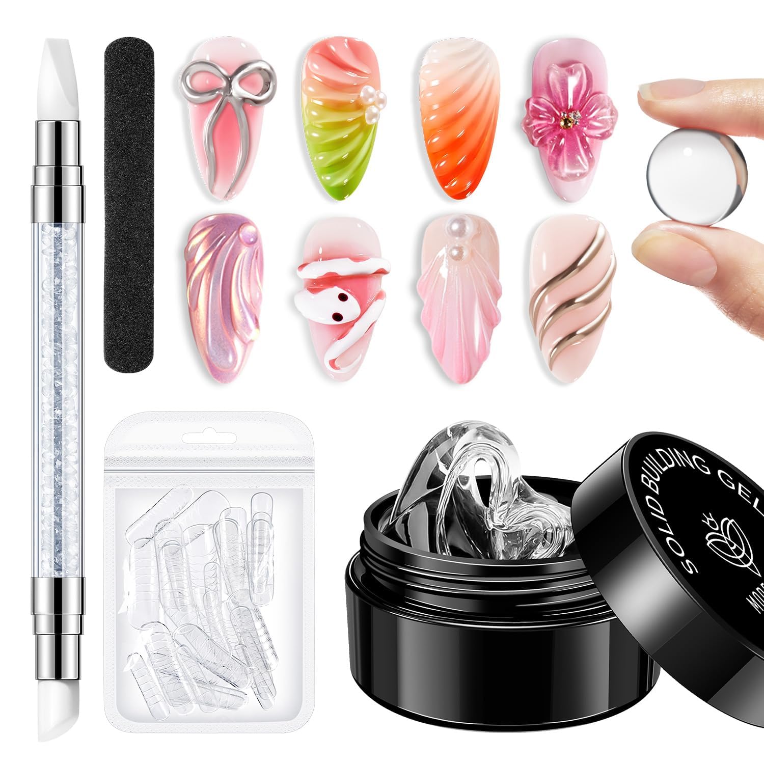 modelones Solid Nail Builder Gel, 3D Nail Kit for Extensions & Sculpting Non-Sticky Clear Builder Hard Gel for Nails Art Salon or Home DIY Manicure U V Light Needed