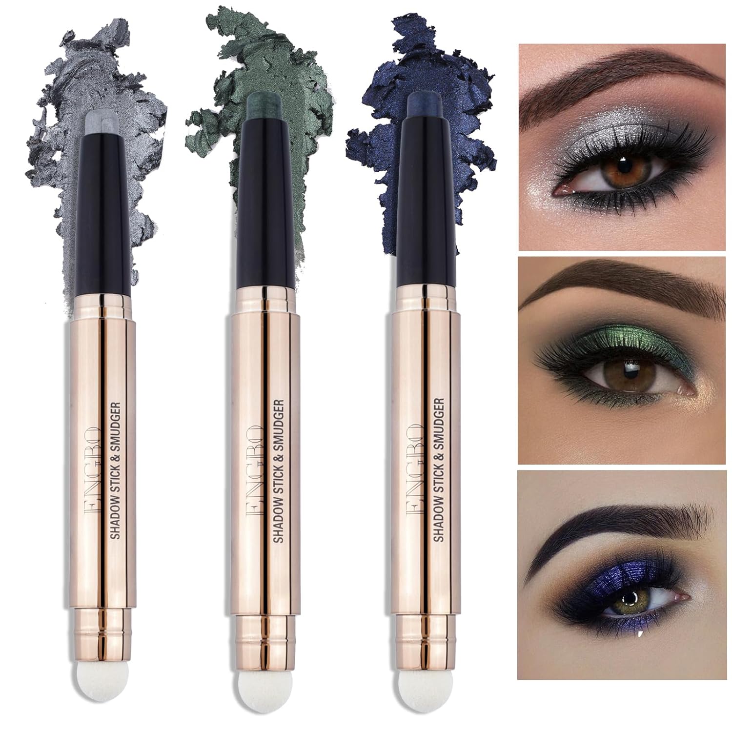 3 Piece Waterproof Cream Eyeshadow Sticks Set Soft Smudger Green Silver Blue - Image 2