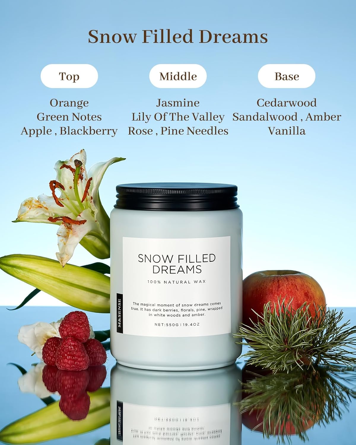M&SENSE Snow Filled Dreams Jasmine Pine Large 19.4oz Non-Toxic Organic Soy Wax Scented Candle - Image 2