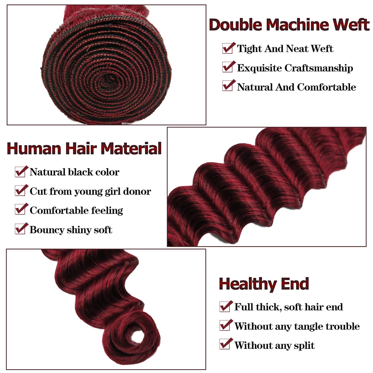 99J Burgundy Loose Deep Wave 100% Human Hair Bundles with 4x4 Lace Closure 20 Inch - Image 3