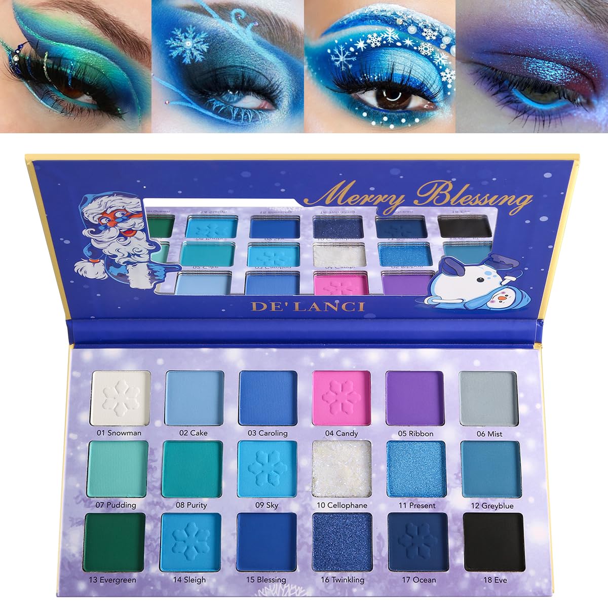 Blue Eyeshadow Palette, Christmas Bright Matte Shimmer Pink Purple Makeup Palette, 18 Colors Highly Pigmented Cool Toned Multichrome Make Up Pallet for Women Winter Gift, Long Last