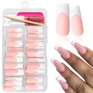 120Pcs White French Tip Press on Nails Long Square Fake Nails, Full Cover Acrylic Nails French False Nail Artificial Matte Glue on Nails for Women Girls Fingernails Design
