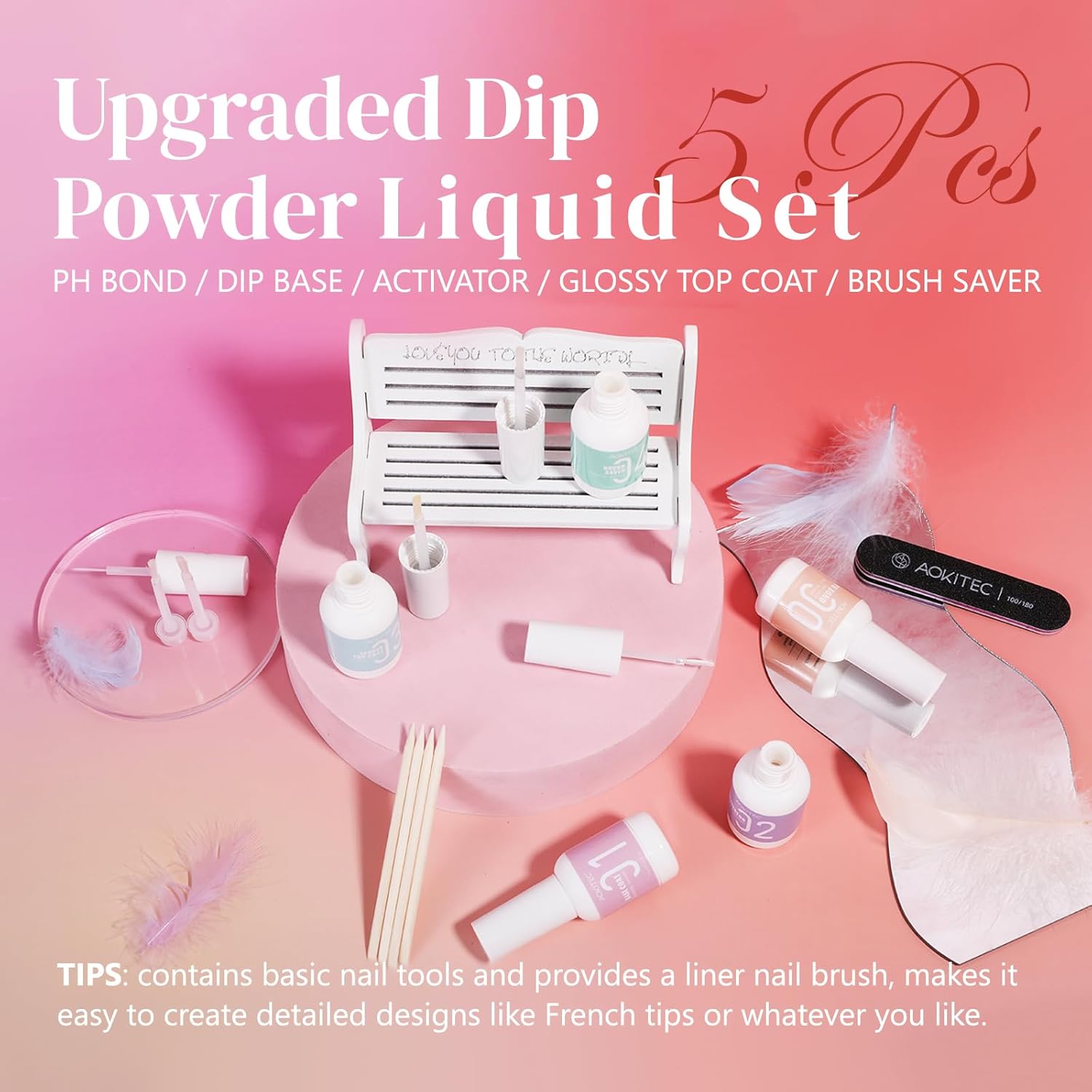 Aokitec 5x15ml Dip Powder Liquid Set 13 Piece Nail Art Kit for DIY Manicure - Image 3