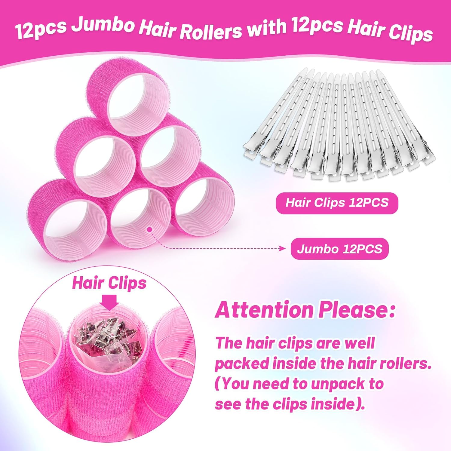 Jumbo 60mm Self Grip Hair Curlers Rollers Set, 12 Pieces with Clips for Thick Hair - Image 6
