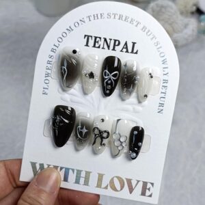Goth Edgy Press on Nails Almond,Black-White Marble 3D Bow Accents Artificial Nails with Tools,Silver Star Embellishments False Nails,Versatile Metallic Fake Nails for Sweet Cool Y2k Girls 24pcs