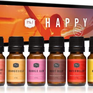 P&J Trading Happy Set of 6 Fragrance Oils - Root Beer, Watermelon, Banana, Strawberry Lemonade, Orangesicle, Bubble Gum Scented Oils for Candle Scents, Soap Making, Diffuser Oil