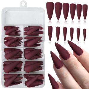 120pcs Stiletto Press on Nails Matte Burgundy Fake Nails Long Stiletto Nails Press ons Full Cover Burgundy False Nails for Women Girls Fingernails Artificial