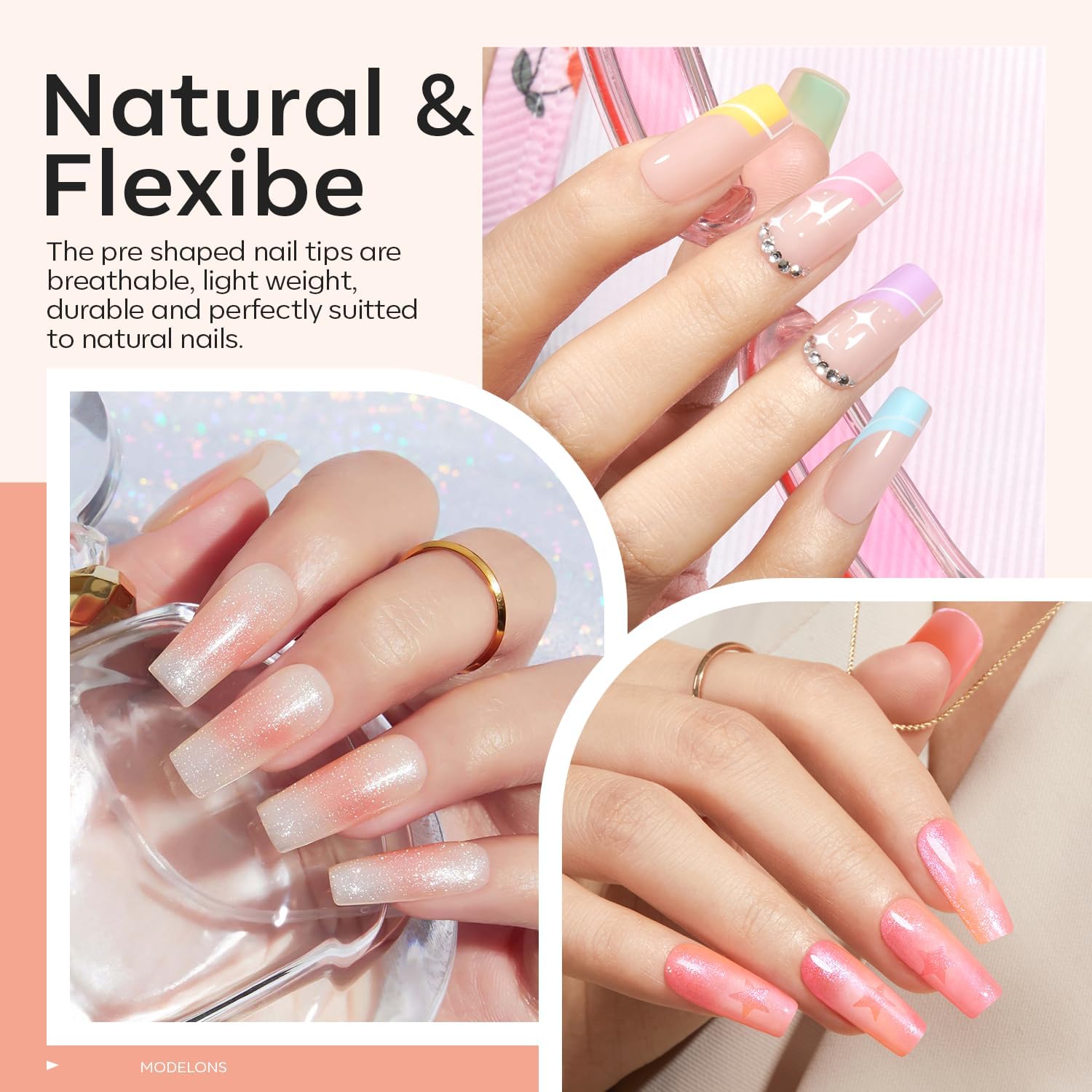 Modelones Medium Square Gel Nail Kit 216 Tips, 9-in-One Glue, and UV Lamp - Image 4