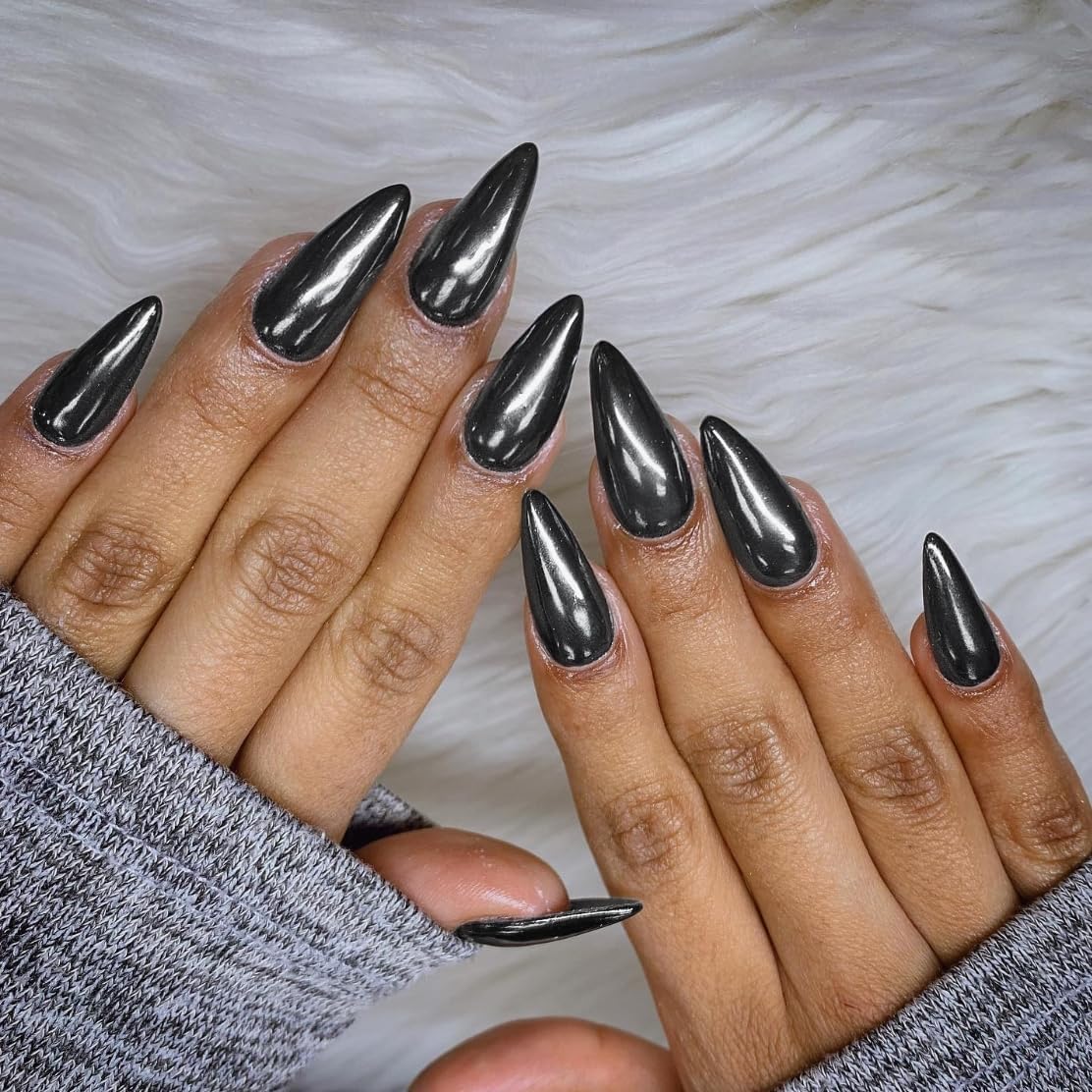Almond Chrome Glazed Mirror Metal Black Press on Nails Medium Length Reusable Acrylic Set - Image 3