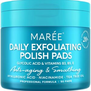 MAREE Glycolic Acid Polishes - Toner Pads for Face Cleansing - Tea Tree Oil, Salicylic Acid & Vitamins E, B3, B5 - Facial Peel & Radiance Deep Cleaning Effect - 50 Count