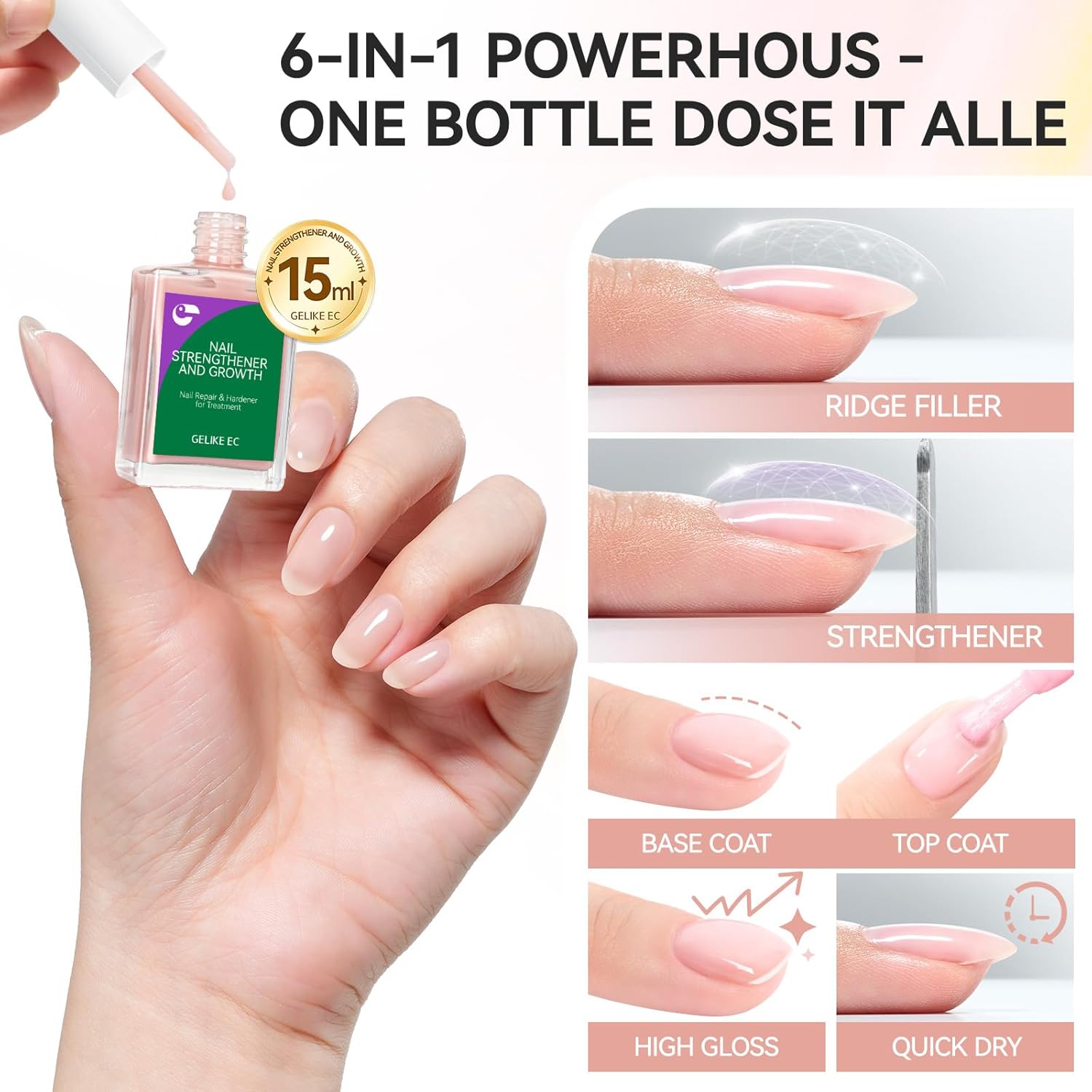 Gelike EC Protein Nail Strengthener and Growth Polish 15ml - Nude Blush 6 in 1 Hardener for Weak Nails - Image 2