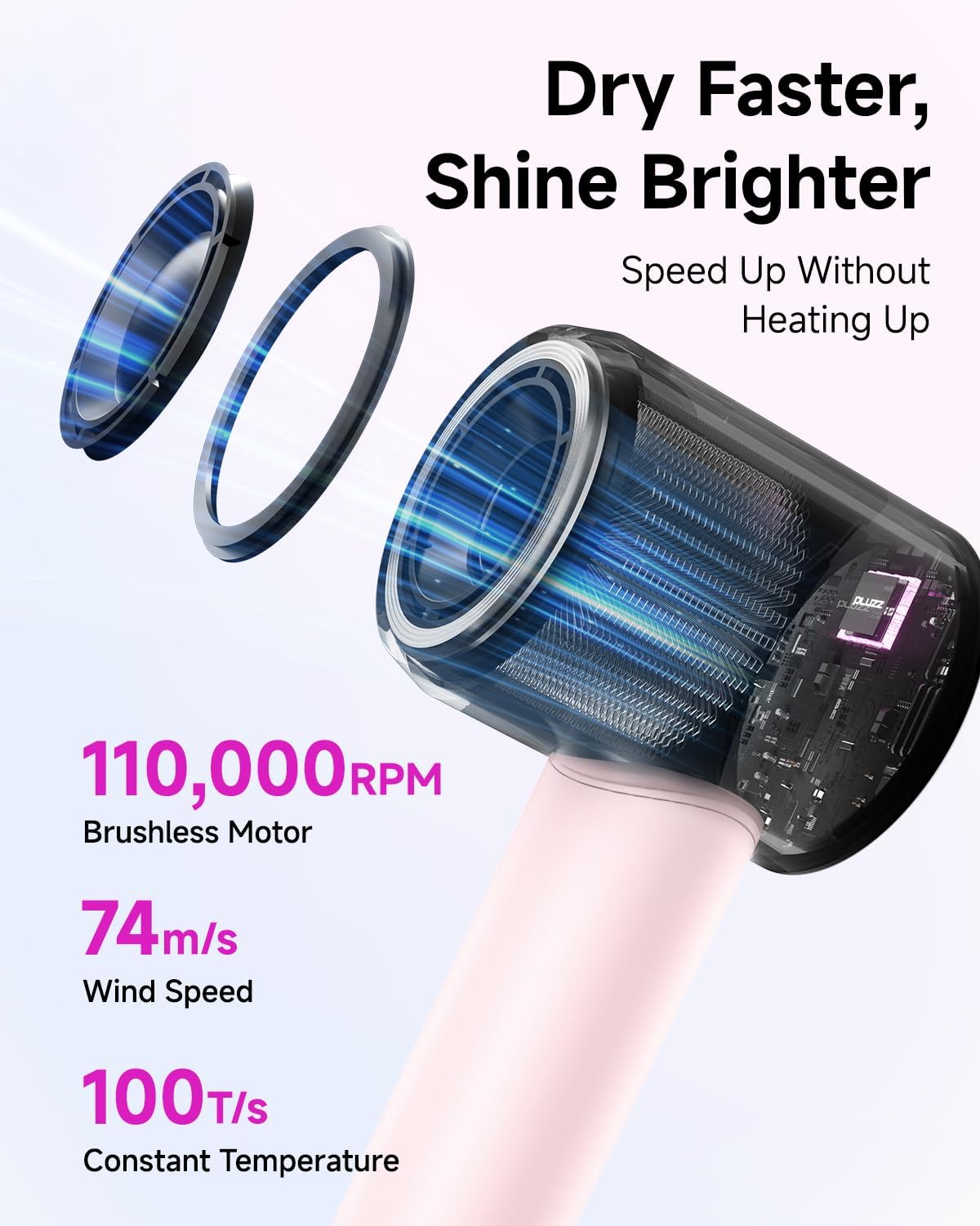 PLUZZ Pink 1600W High-Speed Hair Dryer Set, 110000RPM, Low Noise, Travel Ready with Diffuser - Image 3