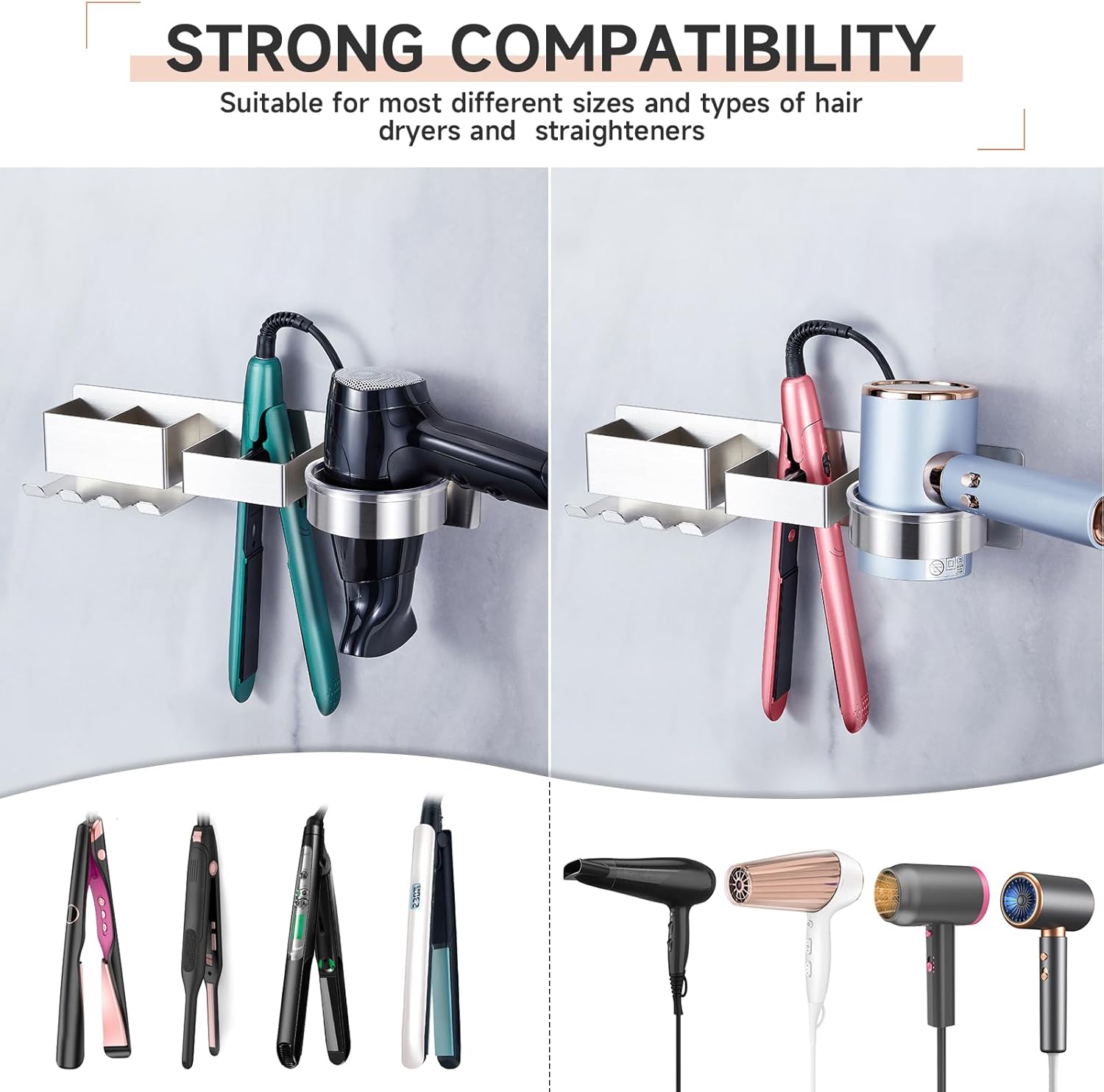Stainless Steel Wall Mount Hair Tool Organizer for Dryer, Curling Iron, Straightener, Black - Image 5
