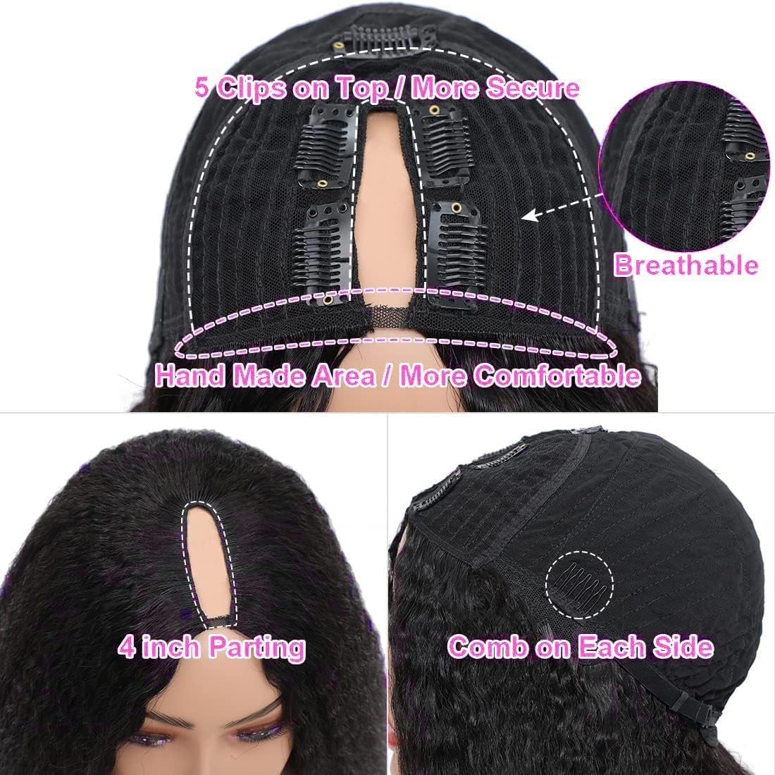 V Part Kinky Straight Human Hair Wig 16 Inch Glueless Clip-in Half Wig for Women - Image 4