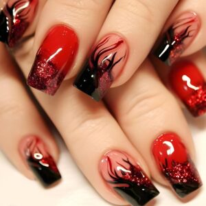 Press on Nails Square Fake Nails Medium with Black Flame Glitter Design Nails Press ons Red Full Cover Glue on Nails Glossy Acrylic Nails Winter Stick on Nails for Women 24Pcs
