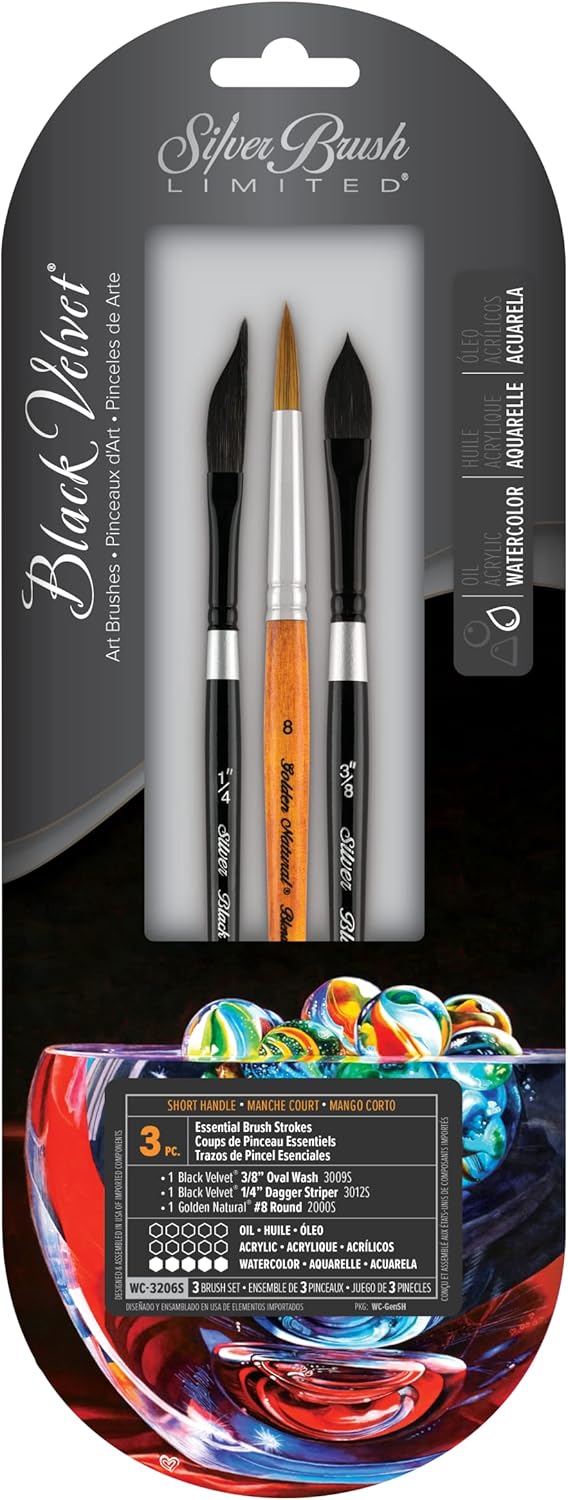 Silver Brush Limited WC-3206s Black Velvet Essential Brush Strokes Set, Premium Paintbrushes for Watercolor, Gouache, Inks, & Dyes, Set of 3, Round, Oval Wash, and Dagger Striper Brushes, Short Handle