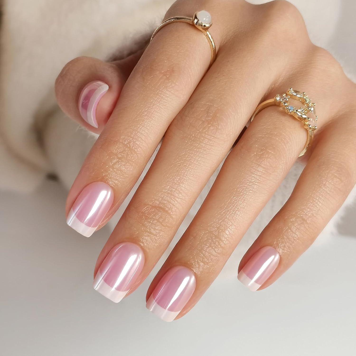 Short White Chrome French Press Gel Nails with Glue - 32 Reusable Stick-on Nails in 16 Sizes - Image 7