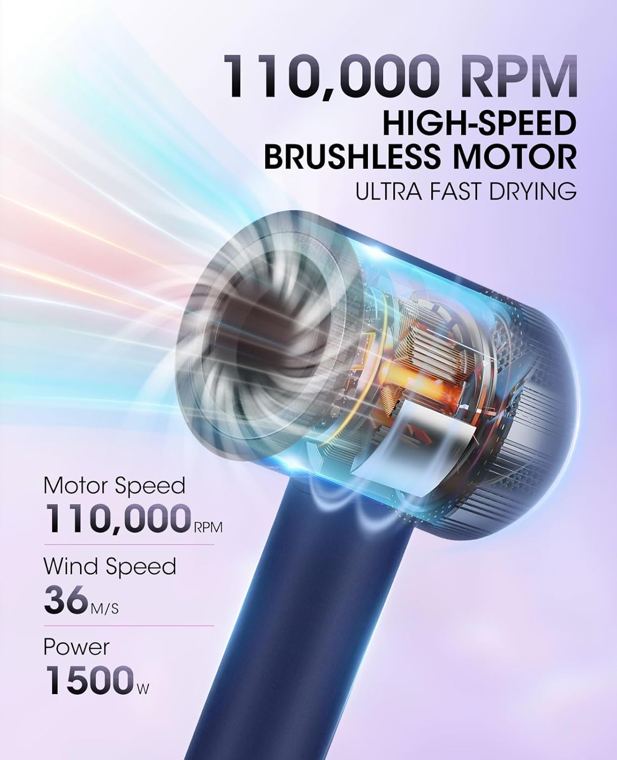 Hair Dryer with 110000 RPM Brushless Motor, HD Digital Display, Low Noise, Compact for Travel and Salon Use, Purple Blue - Image 4