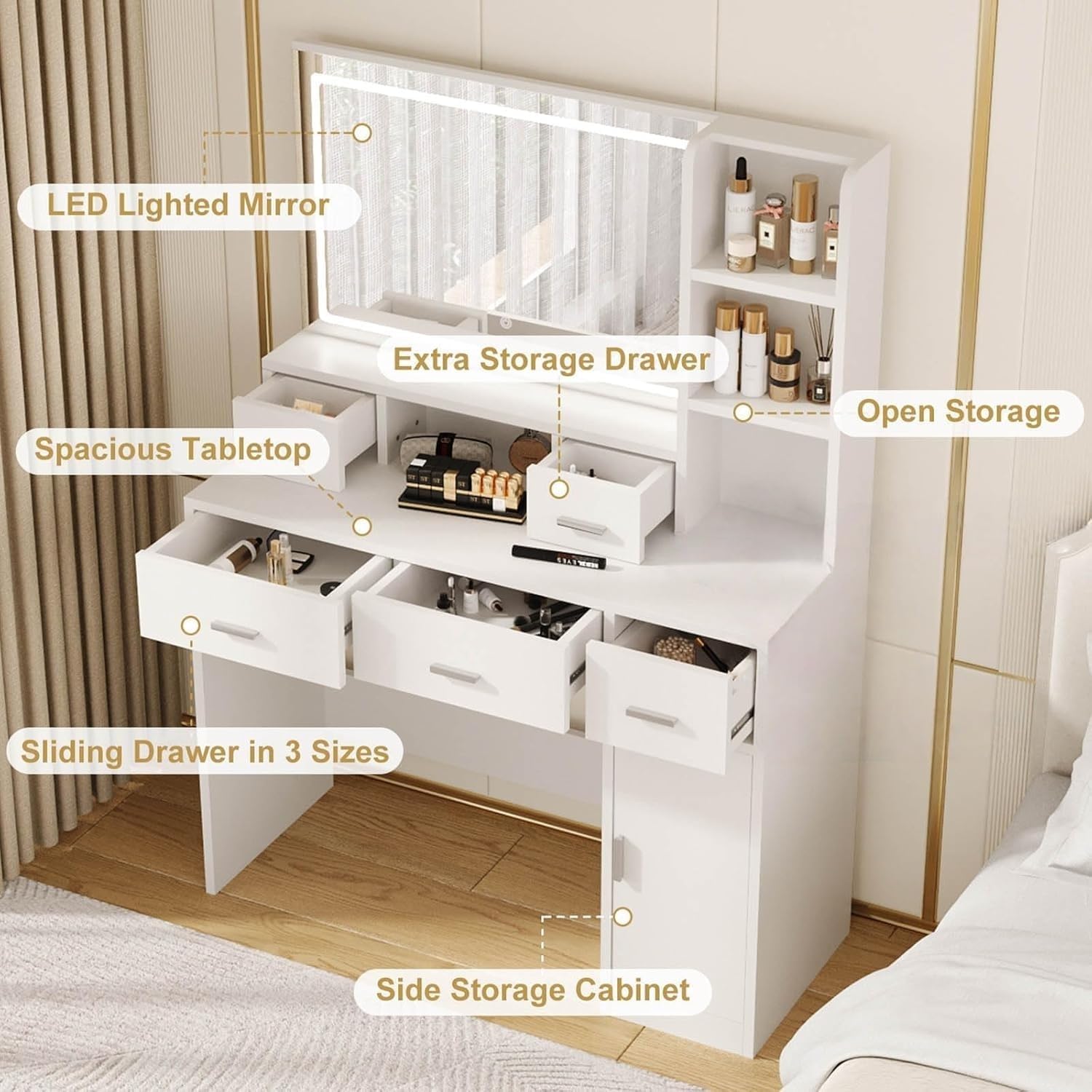 Vanity Desk with Mirror and Soft Lighting, Makeup Vanity with Drawers for Bedroom (White) - Image 5