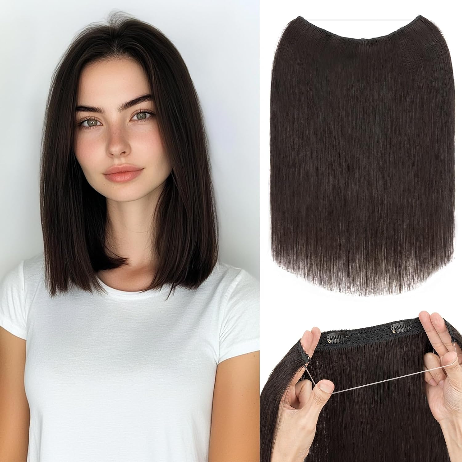 S-noilite Halo Hair Extensions Real Human Hair 12inch Short Straight Halo Extensions for Women Adjustable Natural Black Halo Hair Extensions