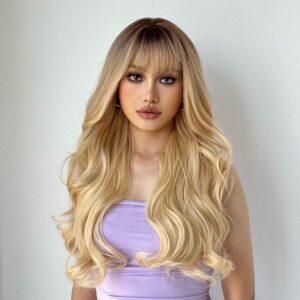 Ombre Blonde Wigs Human Hair, Long Wavy Wig for Women Cosplay Costume, Glueless Breathable Capless Lightweight Tangle Free Perfect for Daily Life, Party, Cosplay