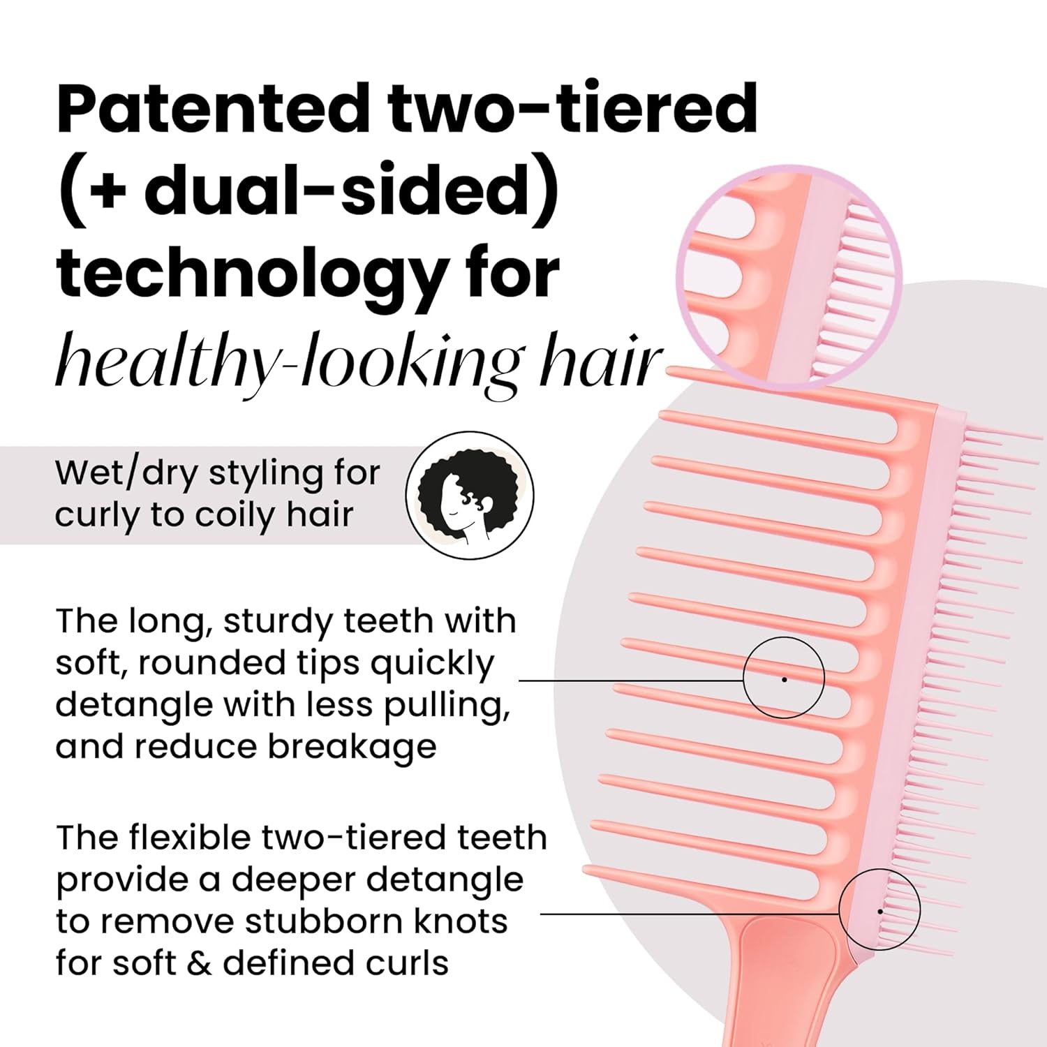 Tangle Teezer Wide Tooth Comb, Double-Sided for Detangling Curly Hair, Peach Color - Image 2