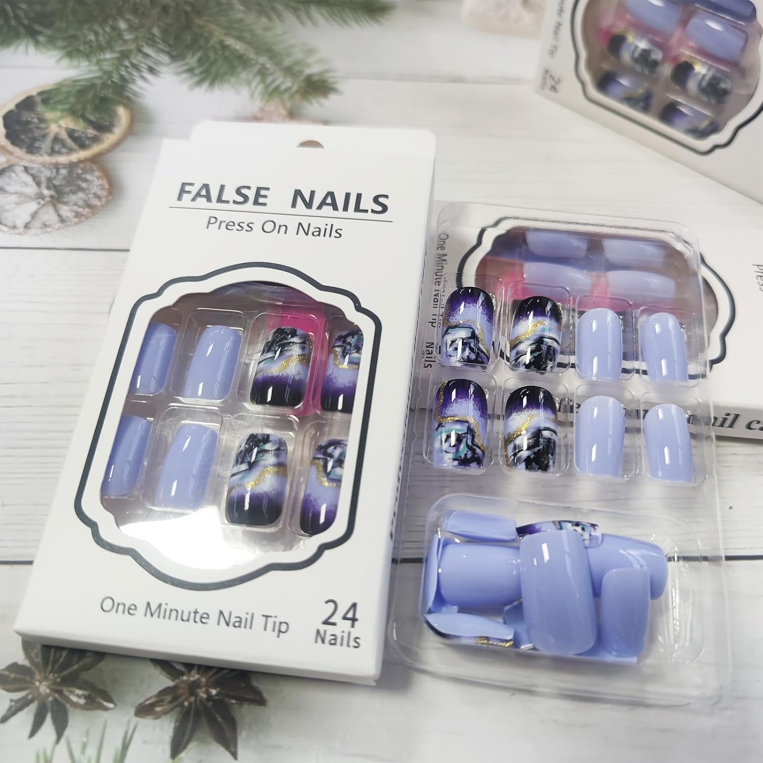 24 Pcs Medium Square Dark Purple Gradient Acrylic Press on Nails with Gold Lines - Image 3