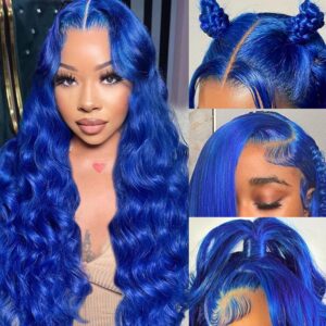 24 Inch Blue Lace Front Wig Human Hair Body Wave Blue Human Hair Wig 13x4 HD Lace Front Pre Plucked with Baby Hair