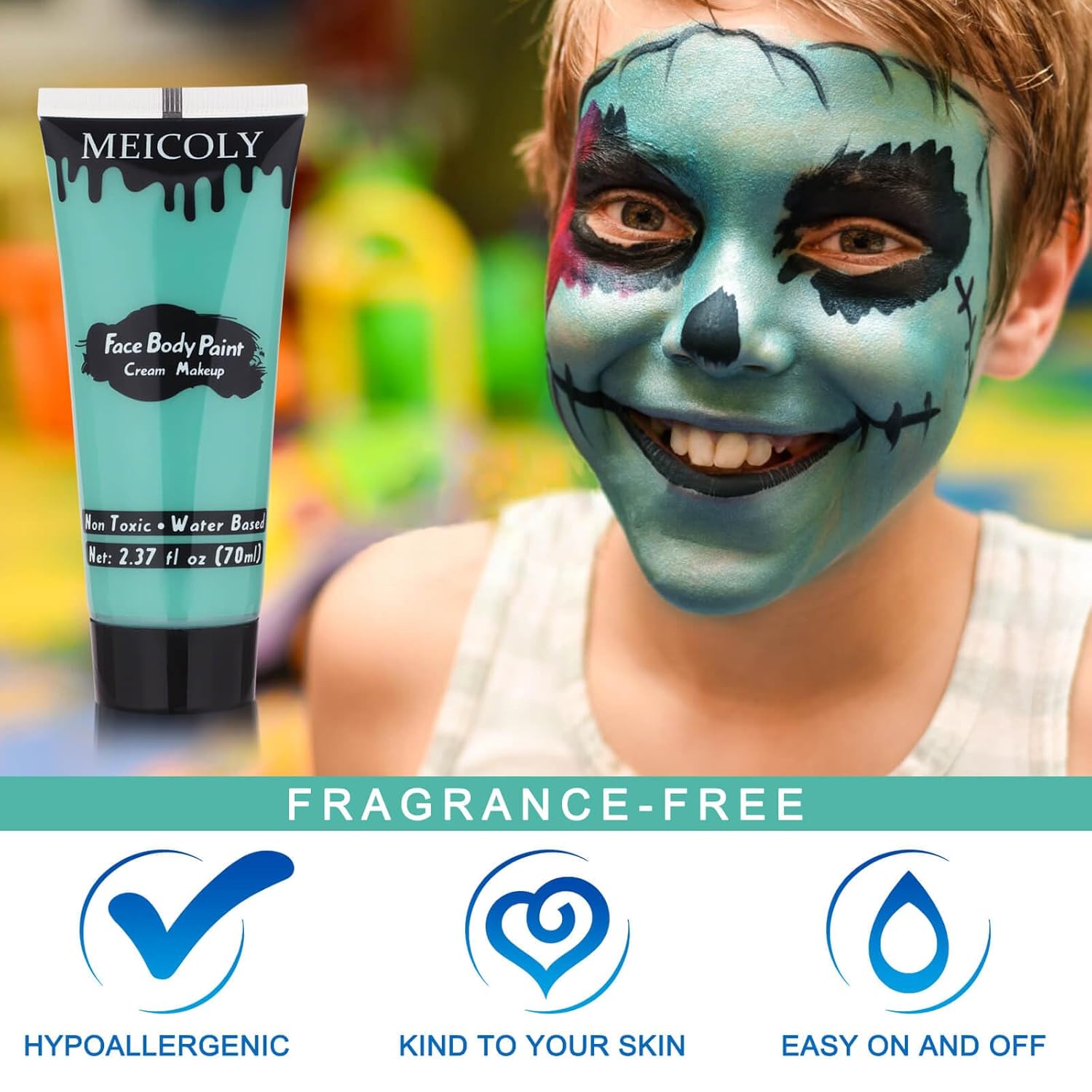 MEICOLY 2.37oz Teal Water-Based Face and Body Paint for Kids and Adults - Image 3