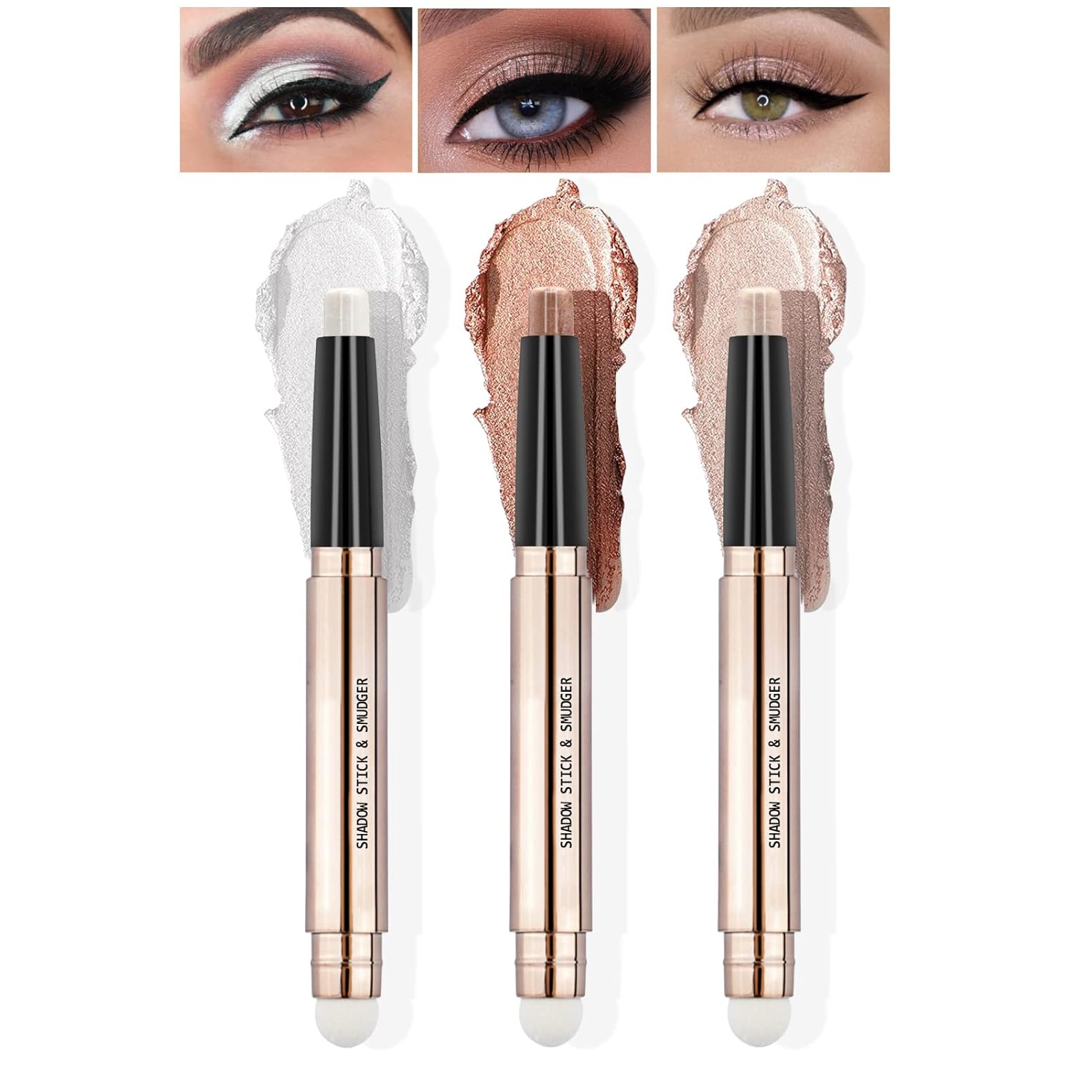 POPMISOLER 3 Pcs Glitter Eyeshadow Stick Sets, Smudge Proof Cream Eye Shadow Sticks Brown Eyeshadow Pencil with Soft Smudger Waterproof 2 in 1 Shimmer Eyeshadow Pen, Long Lasting Highlighter Makeup