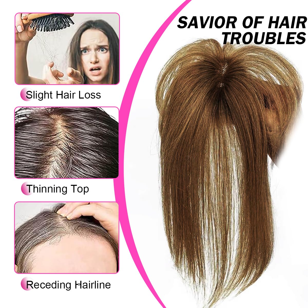 Light Brown 12 Inch Real Human Hair Topper with 360° Coverage and Clip-in Bangs - Image 5