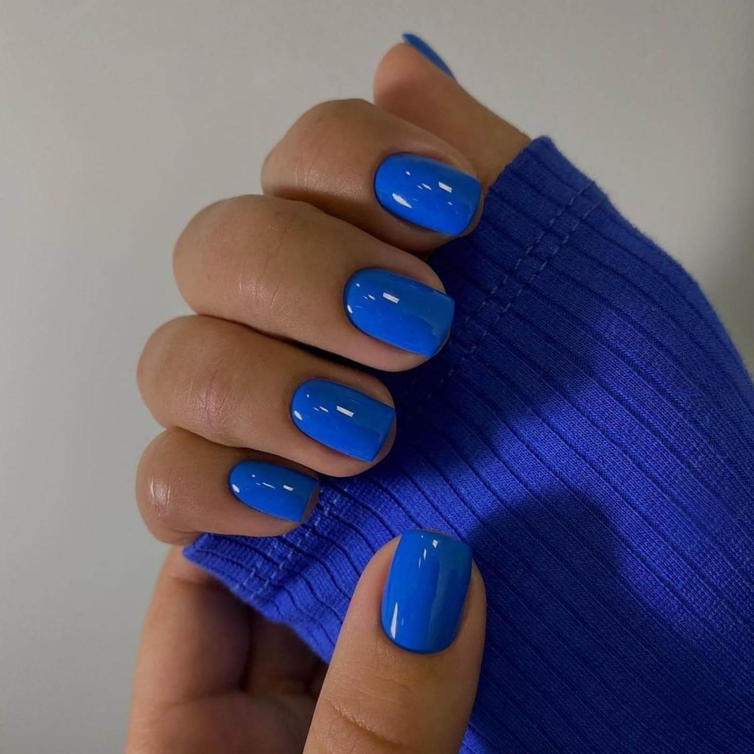 Blue Press on Nails Short Square Fake Nails Glue on Short Square Nails Press ons, Soft Gel Acrylic Glue on Stick on Nail for Women Thick Reusable Solid Color 24pcs, Royal Blue