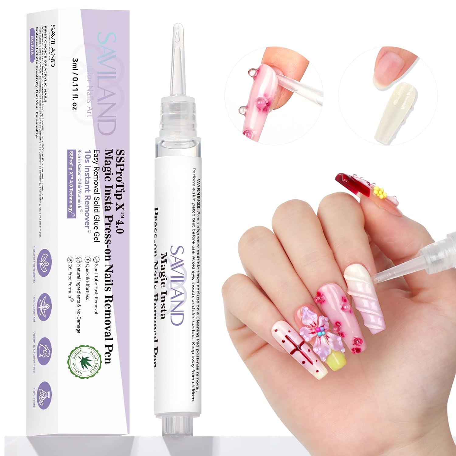 SAVILAND Solid Nail Glue Remover Pen: 10s Quick Press On Nail Remover with Vitamin E Castor Oil Click & Remove Nail Glue Remover for Press on Nails Fake Nails Solid Glue Gel, Alcohol Free Acetone Free