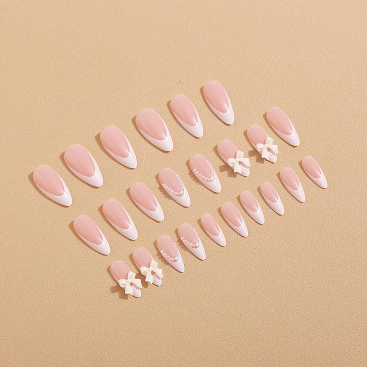 Medium Glossy Almond French Tip Pearl Bow Design Press on Nails 24 Count - Image 3