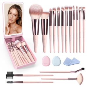 Makeup Brushes with Case, 20PCs Travel Makeup Brush Set, Foundation Concealer Blush Eyeshadow Brush Set Contour Powder Eyebrow Eyelash Brush Kit with Led Light Mirror Holder & 2 Powder Puff-Pink