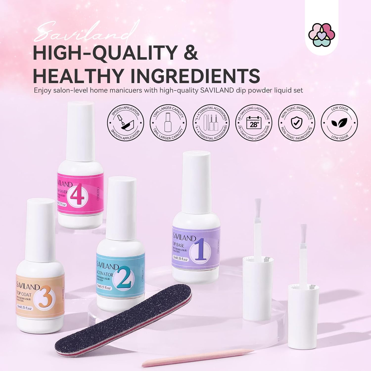 SAVILAND 4 Pcs 15ml Nail Dip Liquid Set Base Activator Top Coat Brush Saver - Image 2