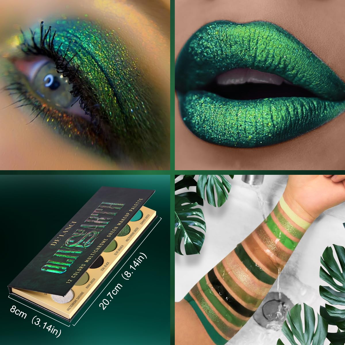 DE'LANCI Glitter Olive Green 12-Color Ultra-Pigmented Multichrome Eyeshadow Makeup Palette - Image 7