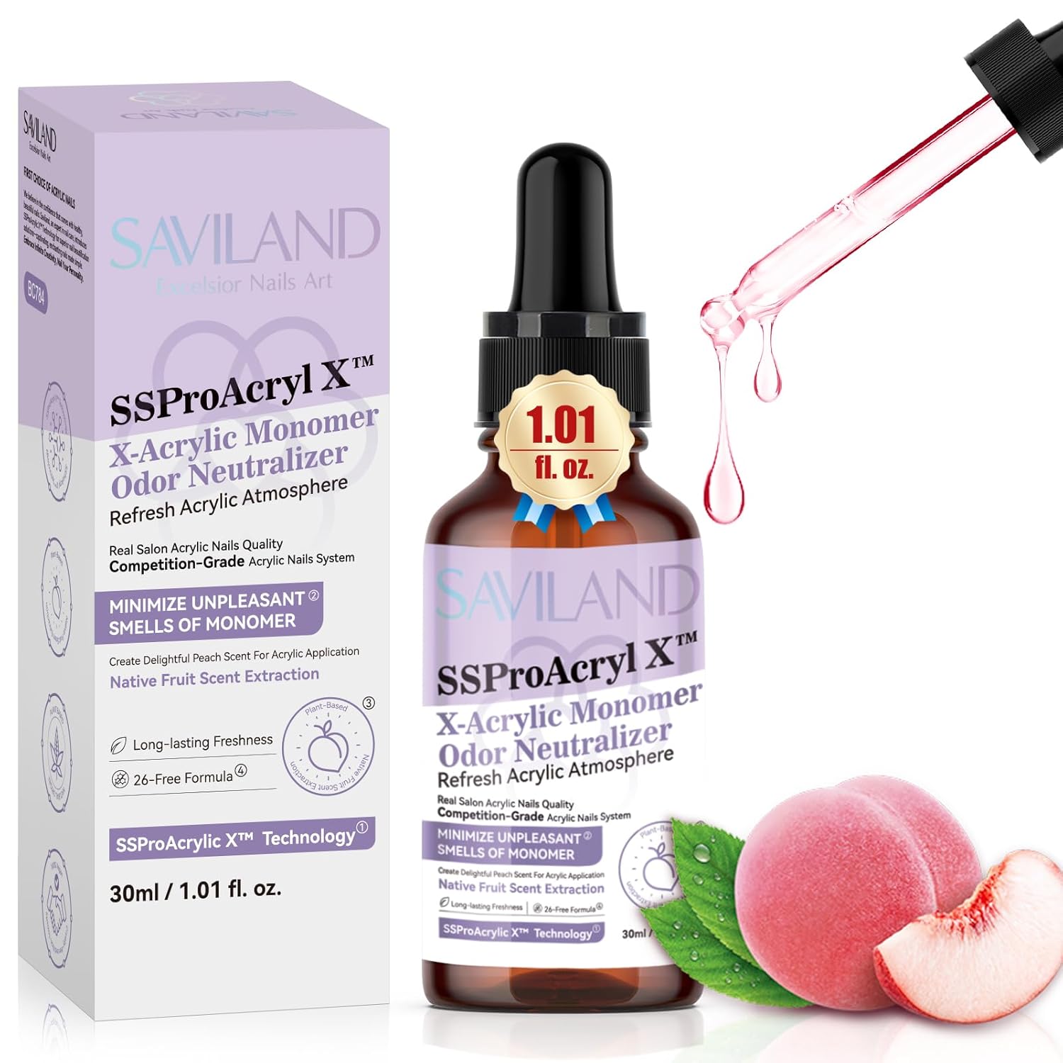SAVILAND Monomer Odor Neutralizer: 30 ml Peach Scent Monomer Drops Odor Out for Acrylic Nail Liquid Monomer Drops Nail Monomer Smell Eliminator with Dropper Nail Tech Acrylic Nails Salon Home Use