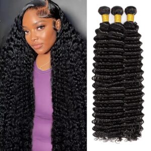 12A Human Hair Bundles 22 24 26 Inch Deep Wave Bundles Human Hair 100% Unprocessed Brazilian Virgin Deep Curly Weave 3 Bundle Water Wavy Hair Extensions Real Human Hair 1B Bundle for Women