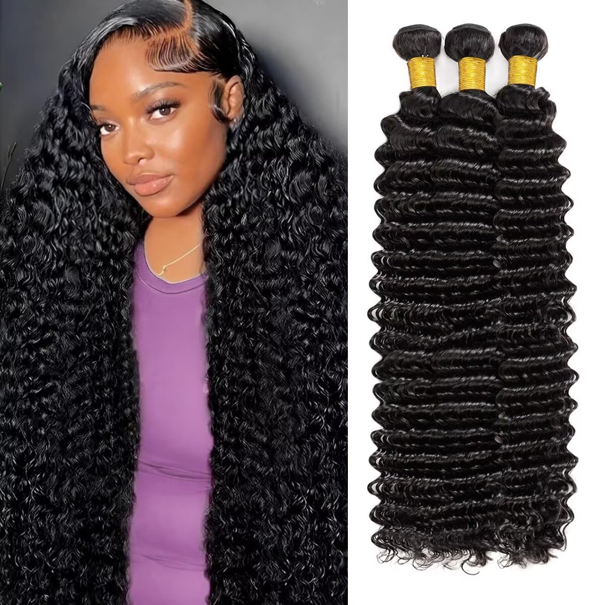 12A Human Hair Bundles 22 24 26 Inch Deep Wave Bundles Human Hair 100% Unprocessed Brazilian Virgin Deep Curly Weave 3 Bundle Water Wavy Hair Extensions Real Human Hair 1B Bundle for Women