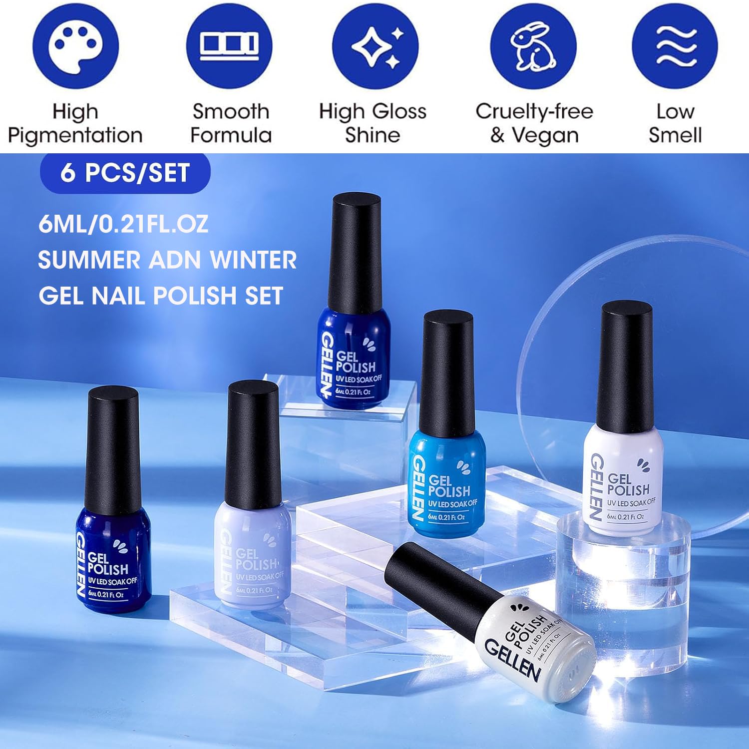 GELLEN 6-Color Blue Gel Nail Polish Set, UV Glossy Soak Off for Women and Girls - Image 7