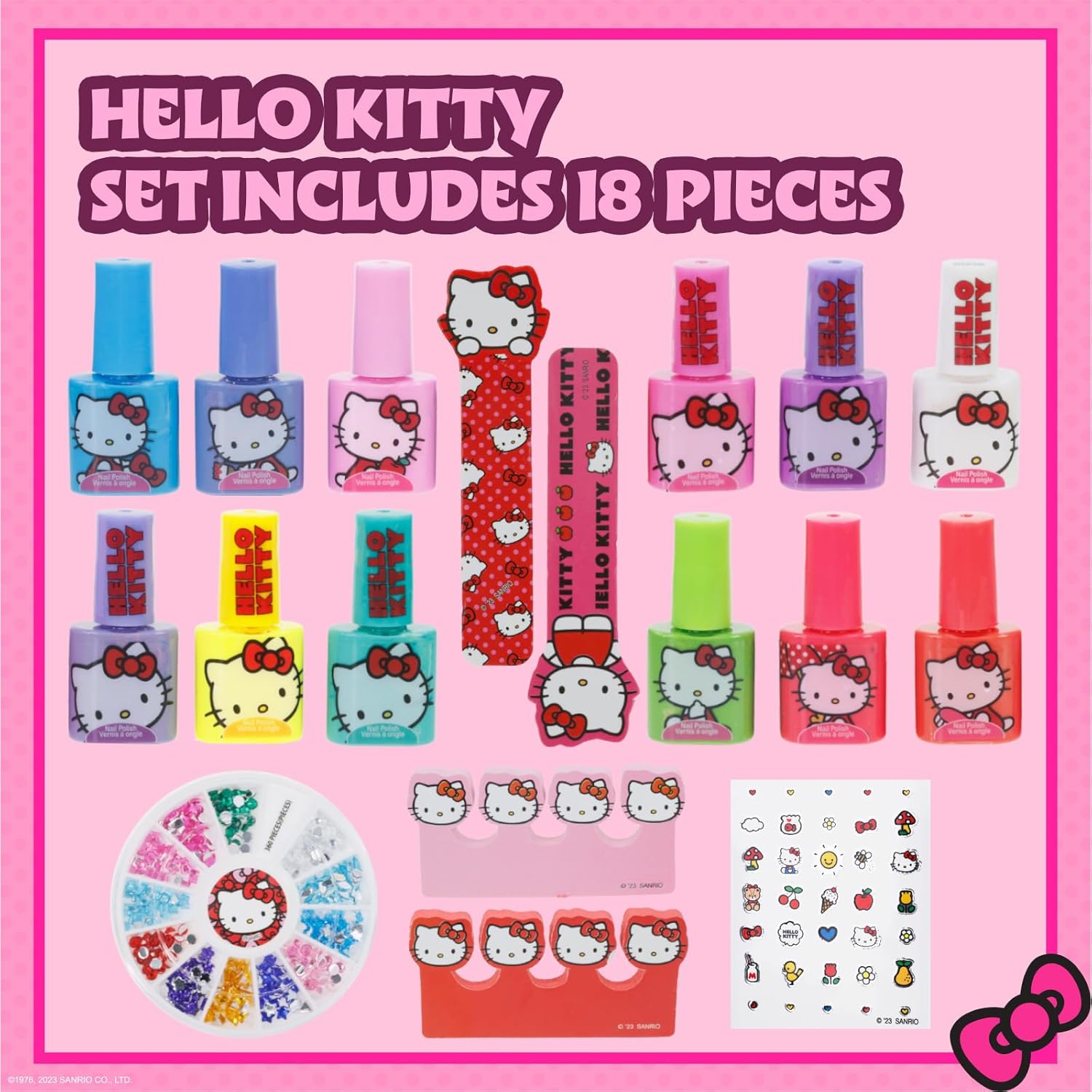 Hello Kitty Kids Peel-Off Water-Based Nail Polish Set, Glittery Opaque Colors with Accessories, Ages 3+, New - Image 2