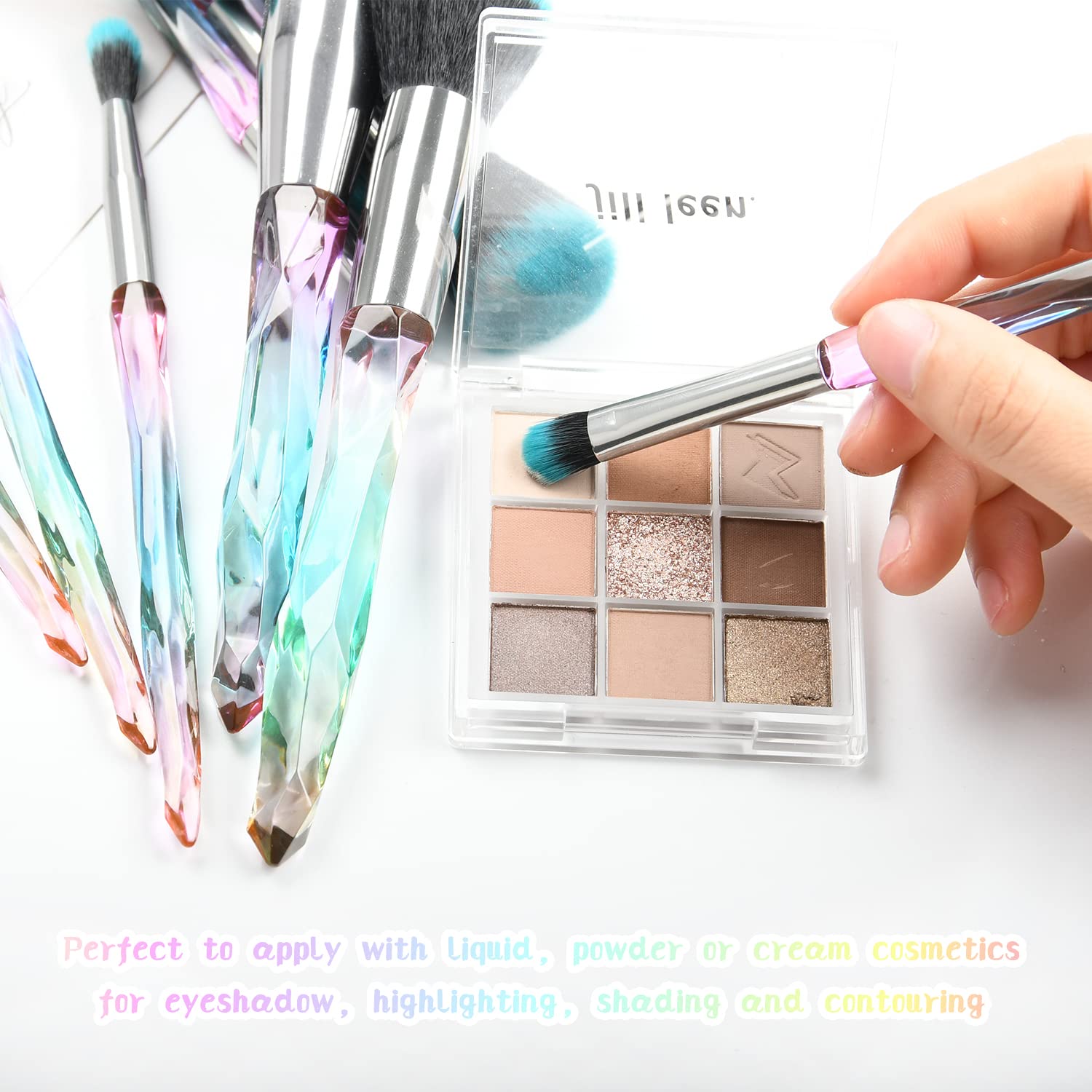10 Piece Crystal Handle Makeup Brush Set with Kabuki, Foundation, and Eye Brushes - Green - Image 7